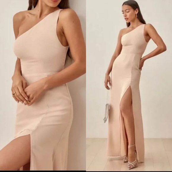Reformation Evelyn One Shoulder Slit Maxi Dress Gown in Champagne Size 2 NWT - Picture 3 of 9
